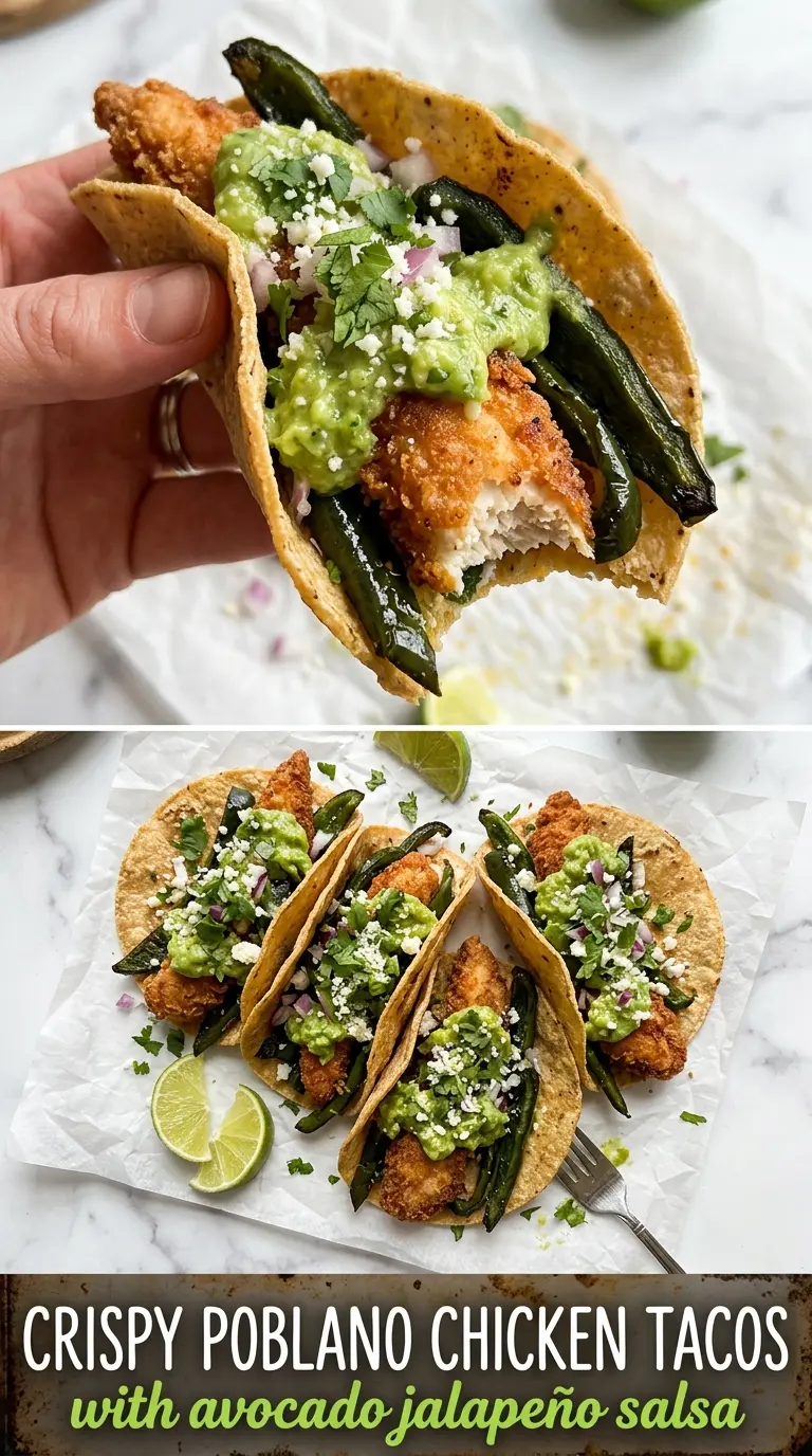 Crispy Poblano Chicken Tacos with Avocado-Jalapeño Salsa, smoky crispy, fresh green