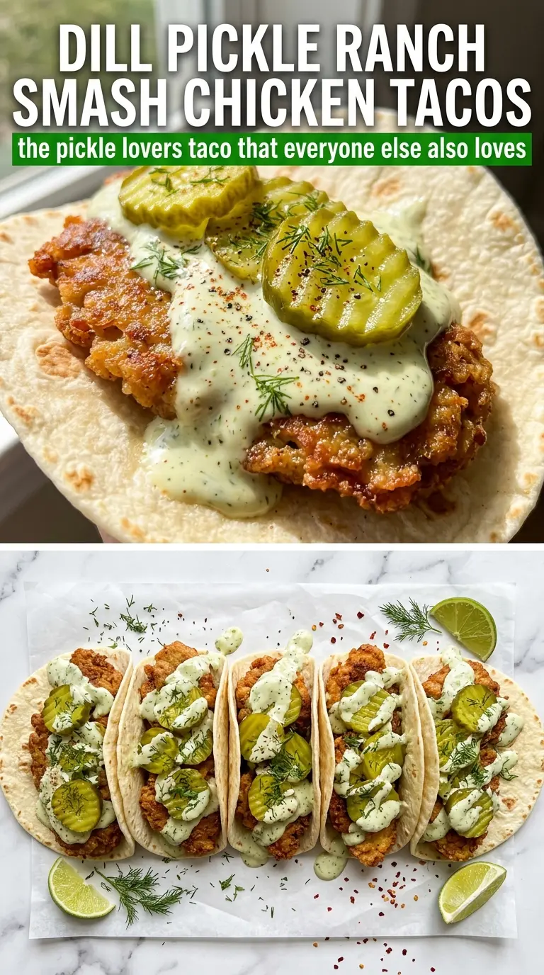Dill Pickle Ranch Smash Chicken Tacos crispy tangy cheesy