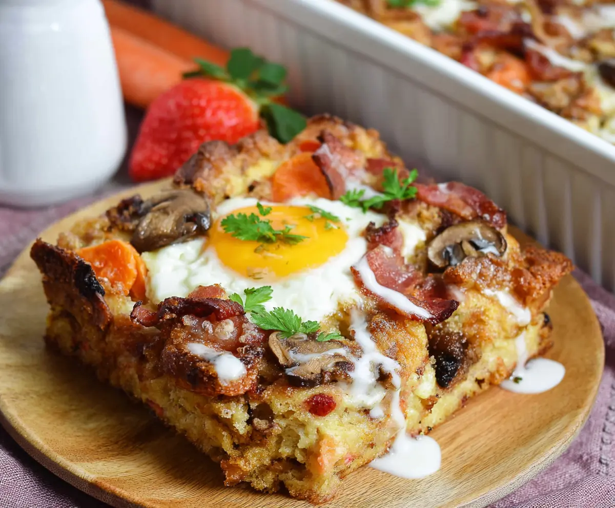 Delicious Easter Breakfast Bake with eggs, cheese, and herbs served in a festive brunch setting