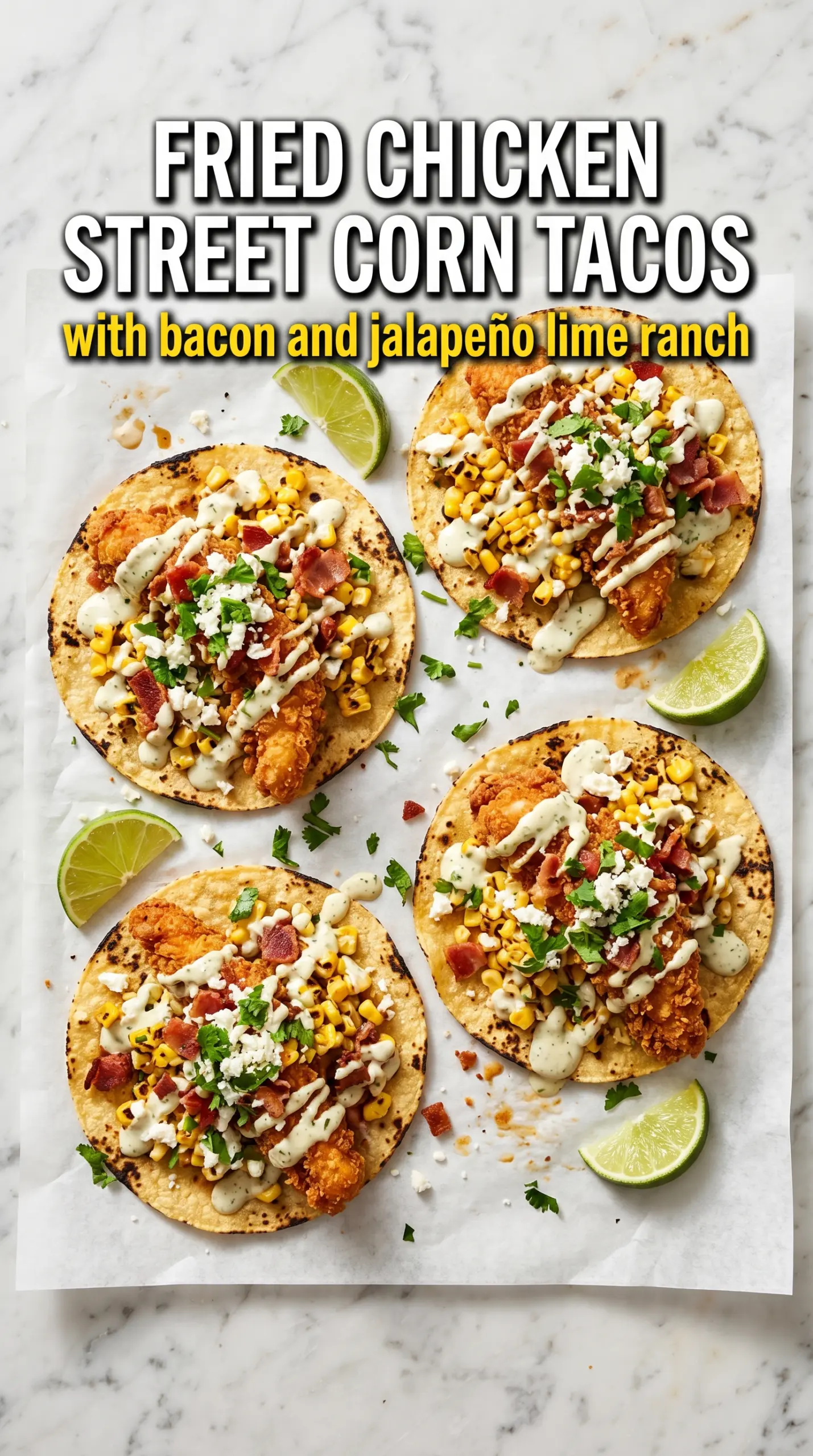 Fried Chicken Street Corn Tacos with Bacon and Jalapeño Lime Ranch crispy smoky creamy
