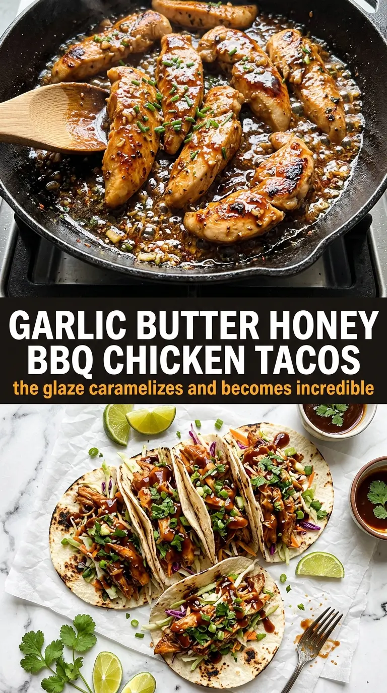 Garlic Butter Honey BBQ Chicken Tacos glossy caramelized chicken