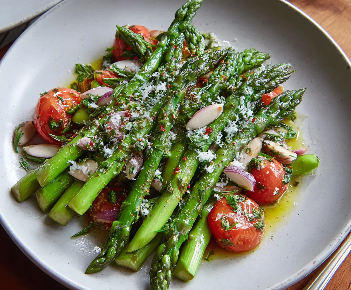 Fresh Italian asparagus salad with cherry tomatoes and balsamic vinaigrette, perfect for a light summer meal.