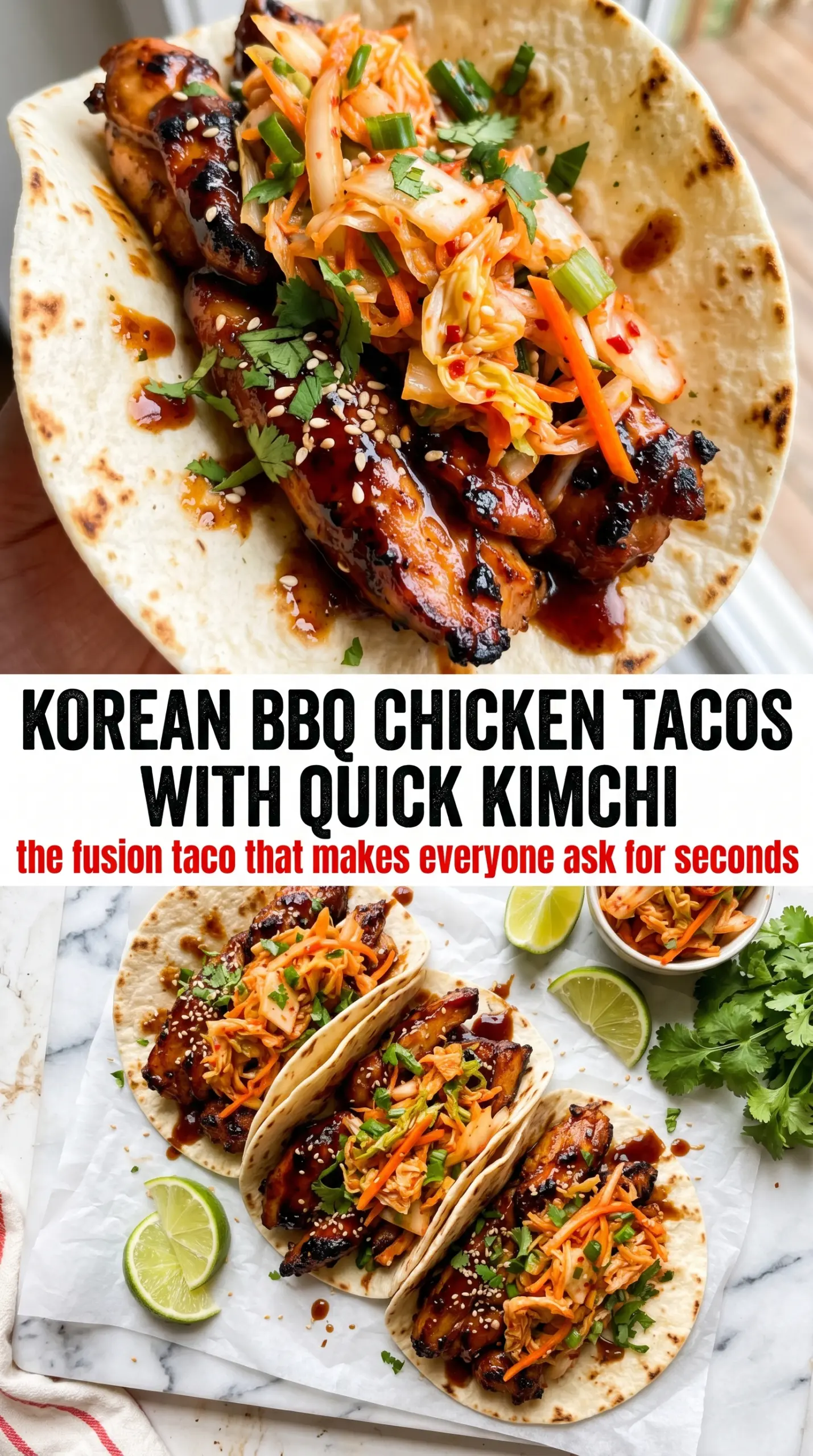 Korean BBQ Chicken Tacos with Quick Kimchi, caramelized, spicy, fresh