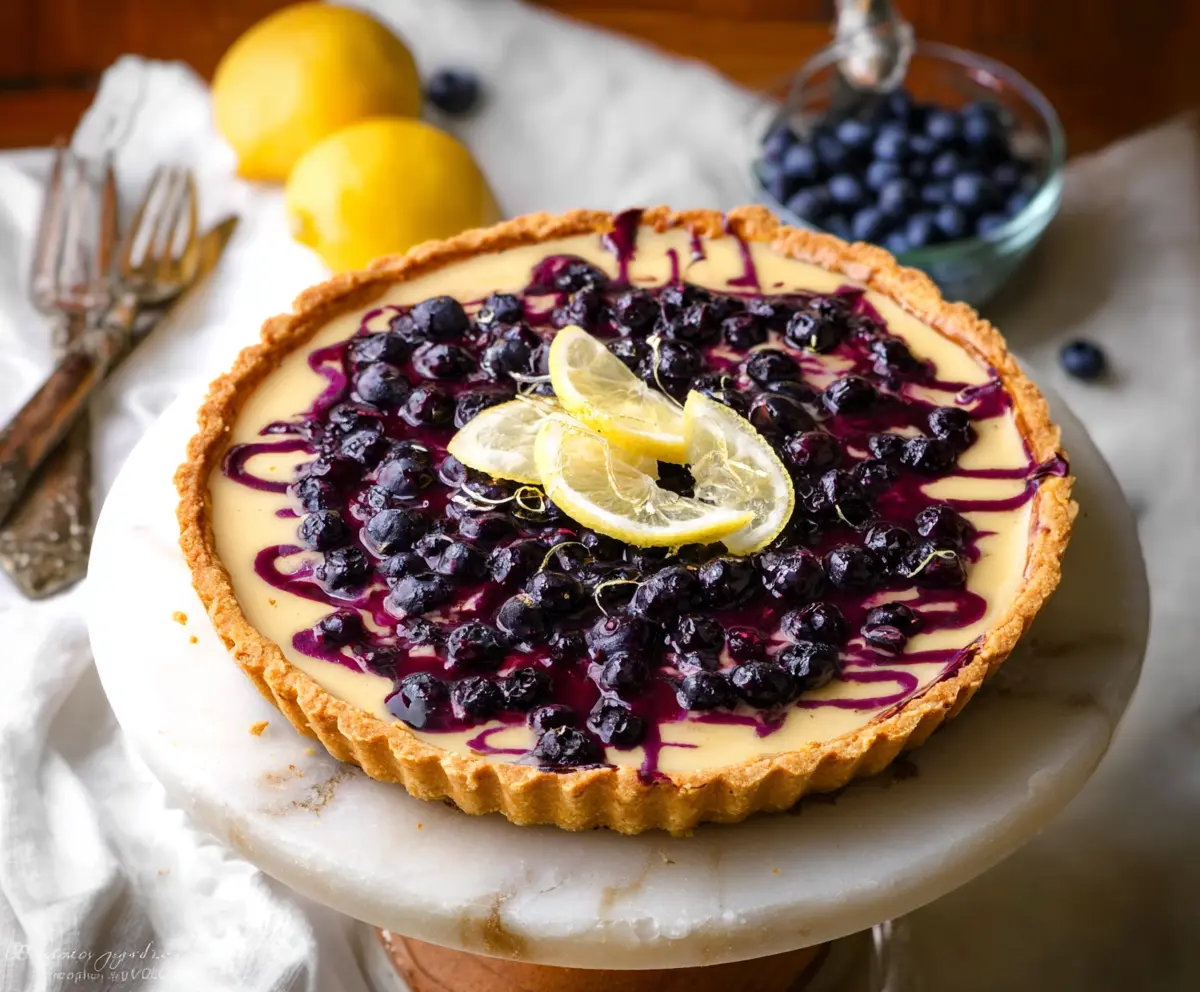 Delicious Lemon Blueberry Tart with a golden crust and fresh blueberries on top.