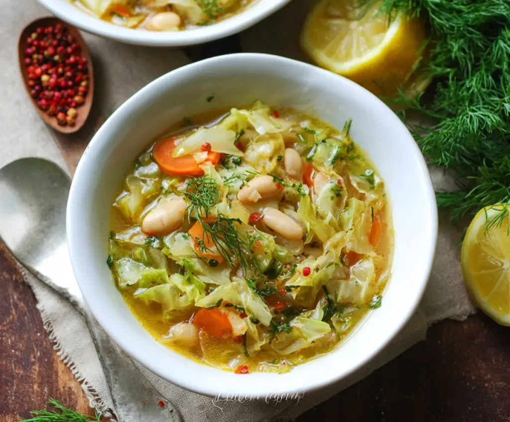 Delicious Lemon Dill Cabbage Soup in a bowl with fresh herbs and lemon slices