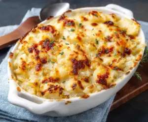 Creamy Potatoes Romanoff with melted cheese garnished with herbs, served as a savory appetizer.