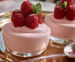 Delicious Raspberry Mousse dessert garnished with fresh raspberries and mint leaves.