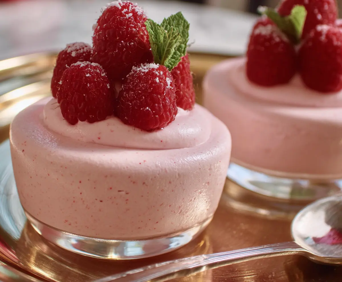 Delicious Raspberry Mousse dessert garnished with fresh raspberries and mint leaves.