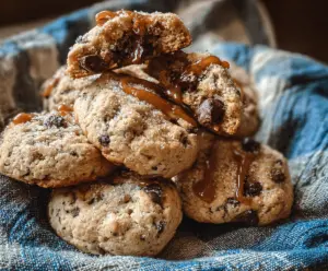 Delicious salted caramel sourdough discard cookies on a plate, showcasing a golden-brown crust and gooey caramel filling.
