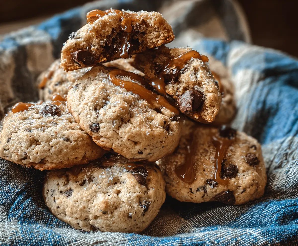 Delicious salted caramel sourdough discard cookies on a plate, showcasing a golden-brown crust and gooey caramel filling.