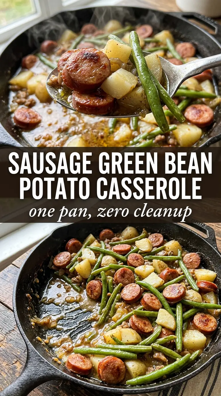 Sausage green bean potato casserole golden bubbling