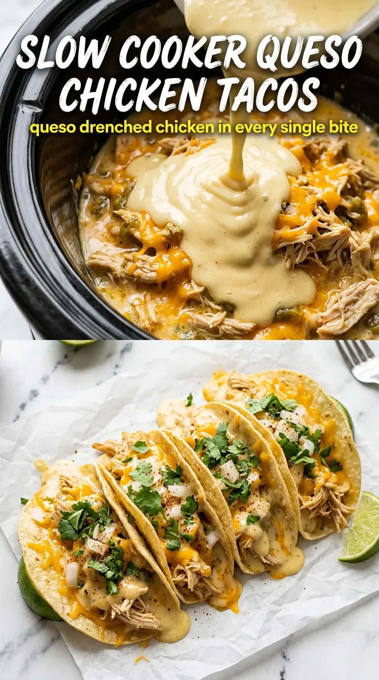 Slow Cooker Queso Chicken Tacos creamy cheesy