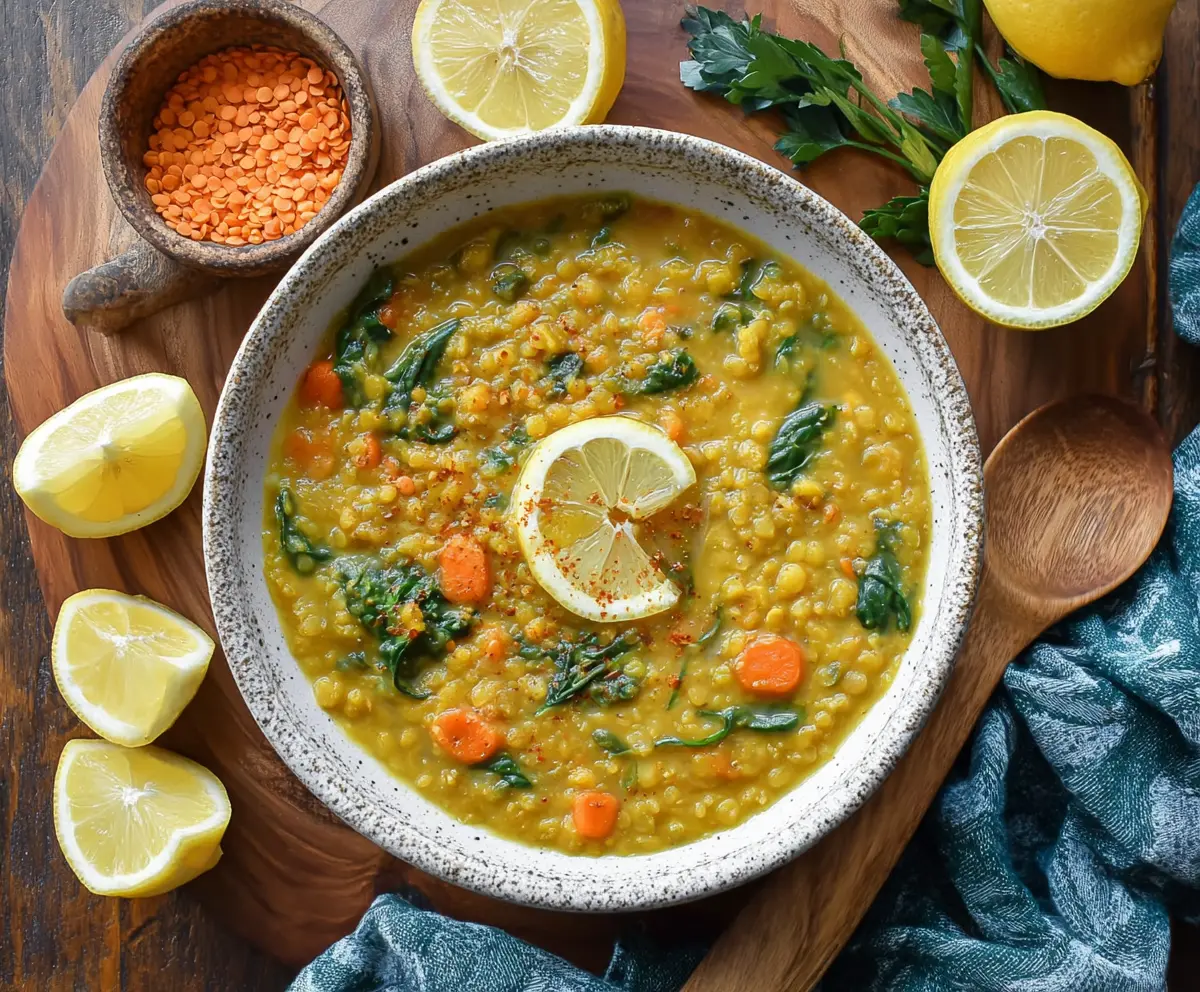Vegan Lemon Lentil Soup with Turmeric in a bowl, garnished with fresh herbs for a healthy meal.