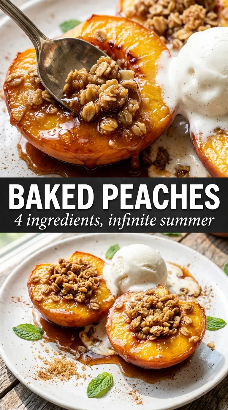 Baked peaches with oat crumble, caramelized dessert