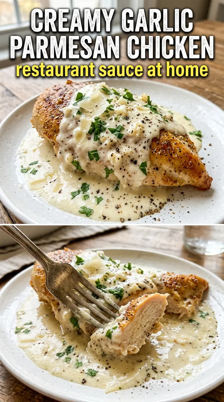 Creamy Garlic Parmesan Chicken, golden seared, velvety sauce