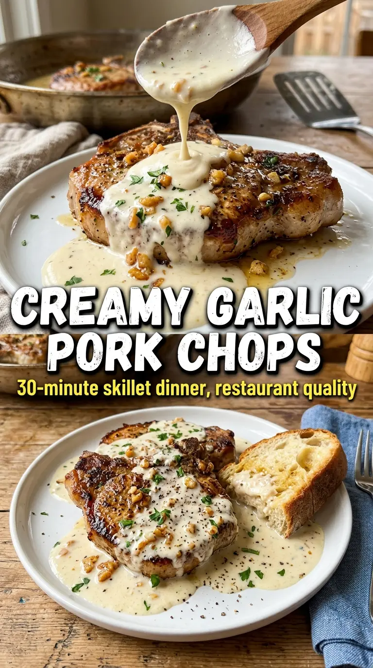 Creamy Garlic Pork Chops, golden sauce, skillet dinner