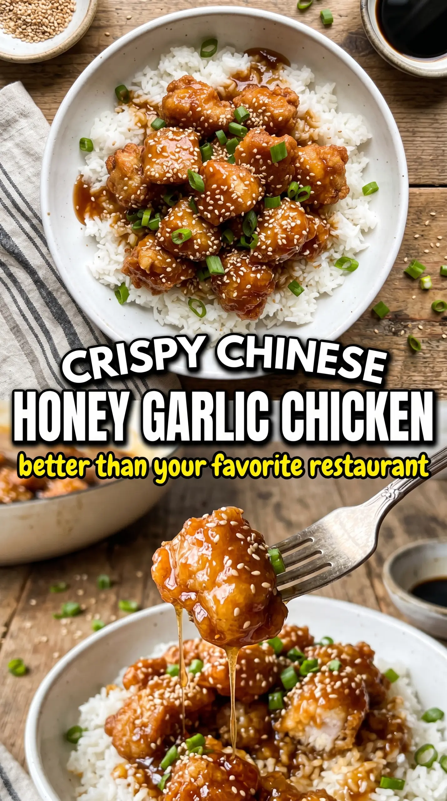Crispy Chinese honey garlic chicken, sticky, golden, sesame