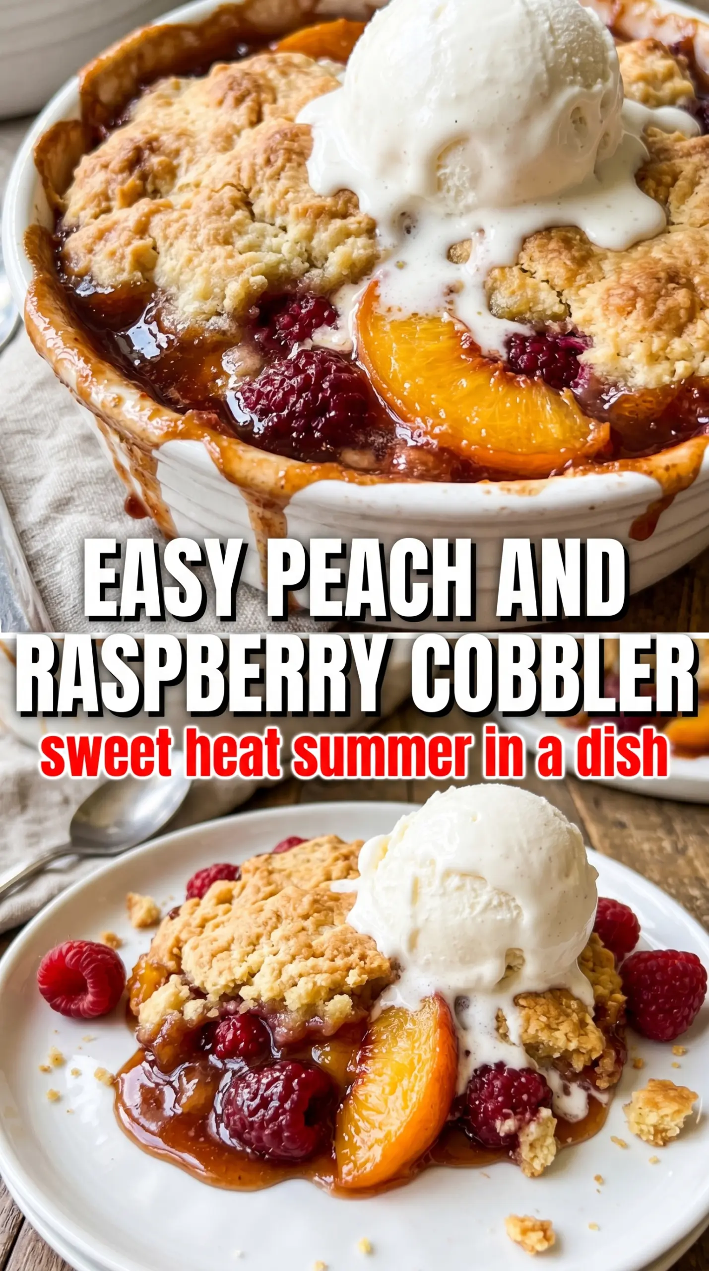 Warm peach cobbler with topping
