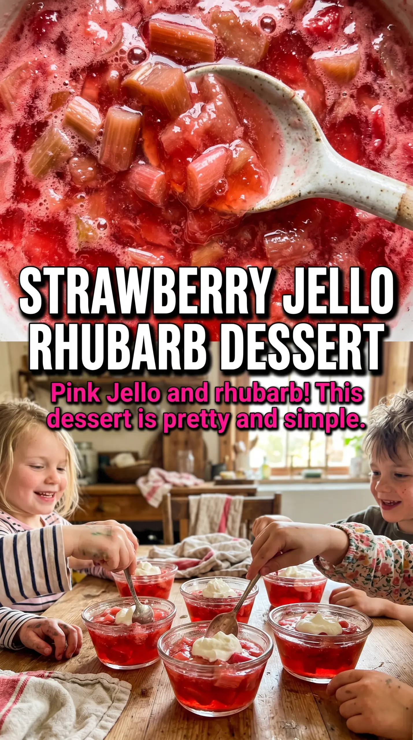 Easy Rhubarb Dessert with Jello pink rhubarb creamy layered