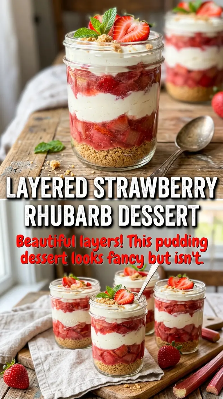 Easy Strawberry Rhubarb Pudding Dessert layered creamy fruity