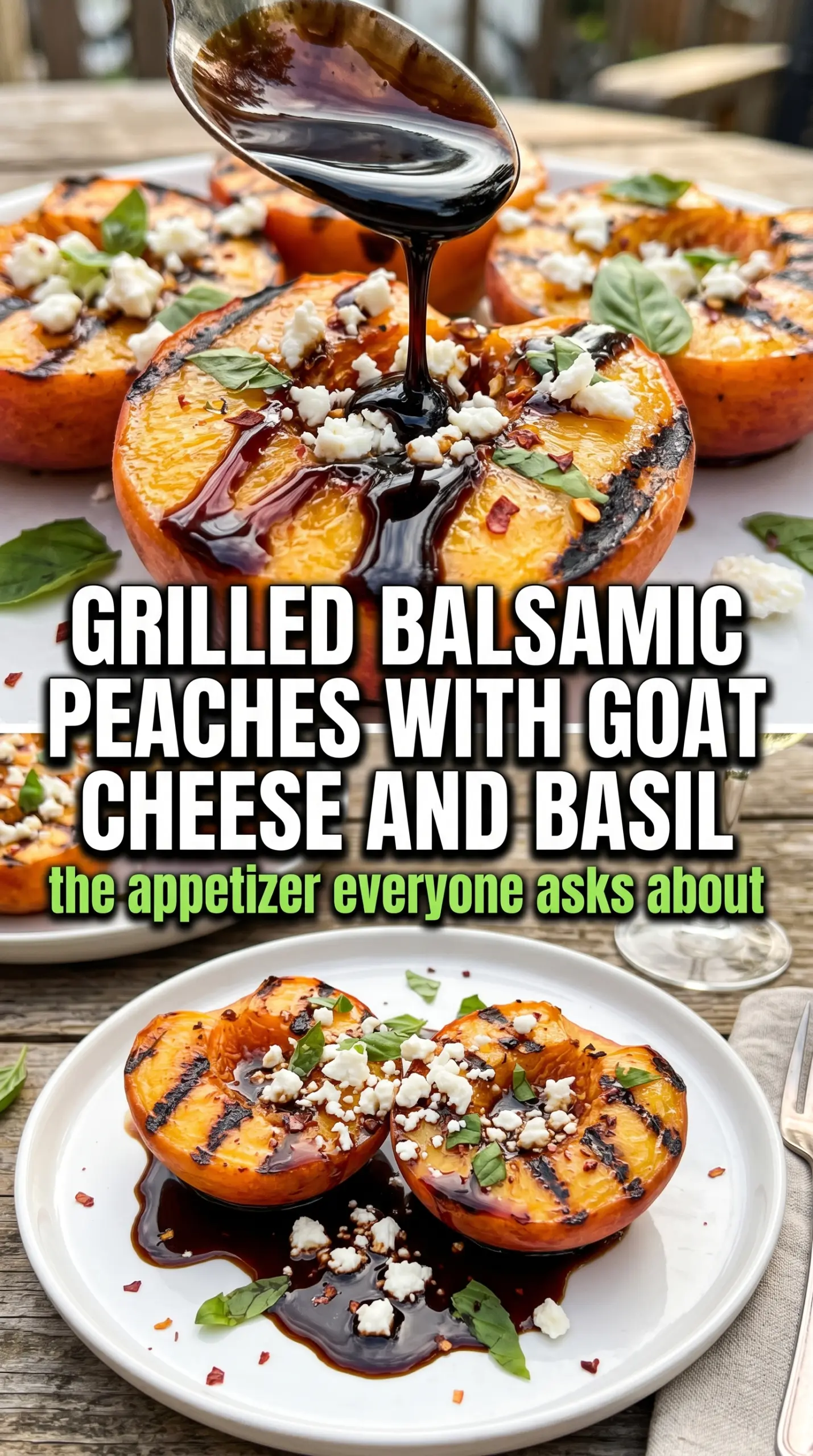 Grilled balsamic peaches with goat cheese and basil, caramelized, fresh