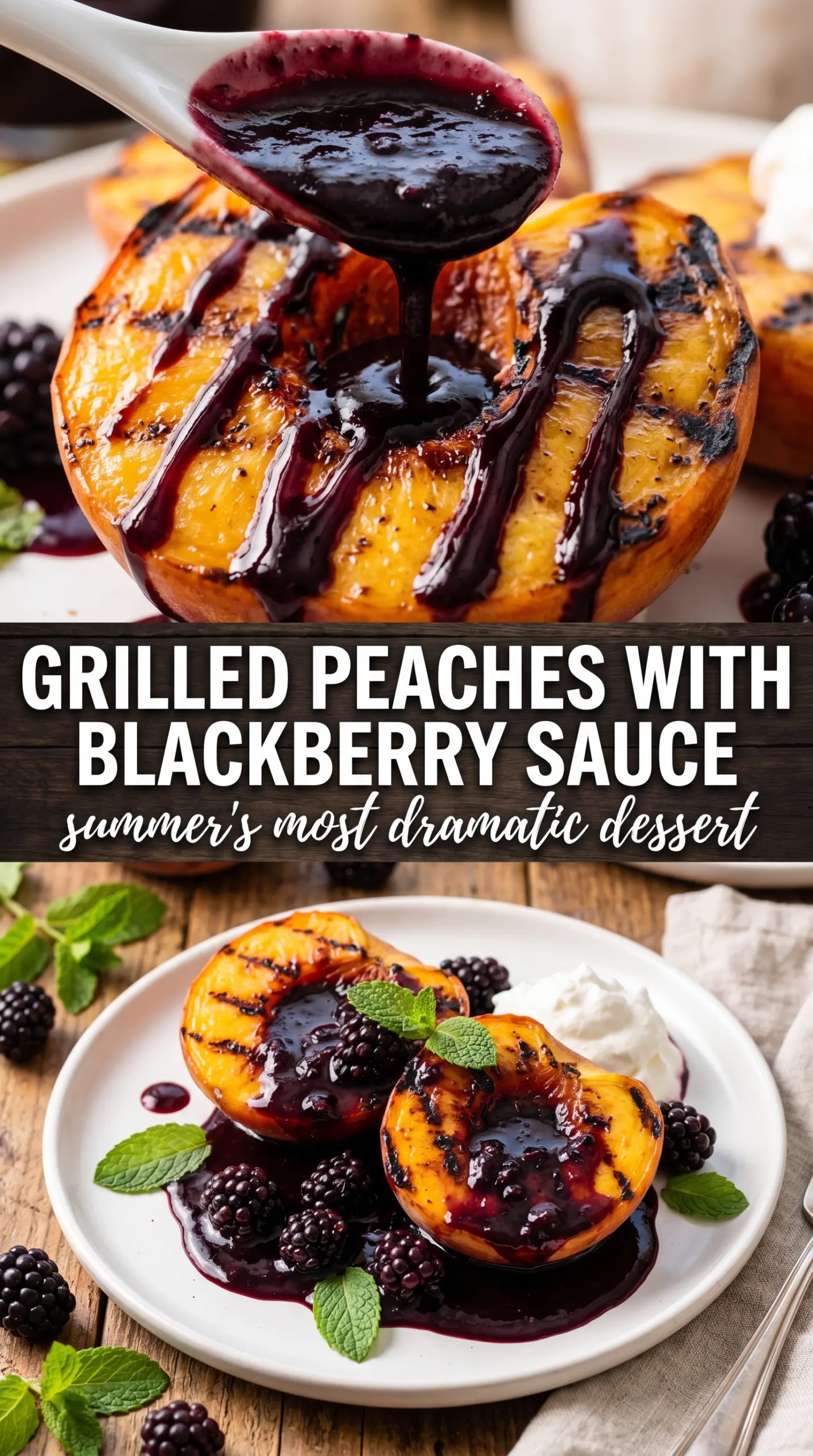 Grilled Peaches with Blackberry Sauce charred glossy dessert