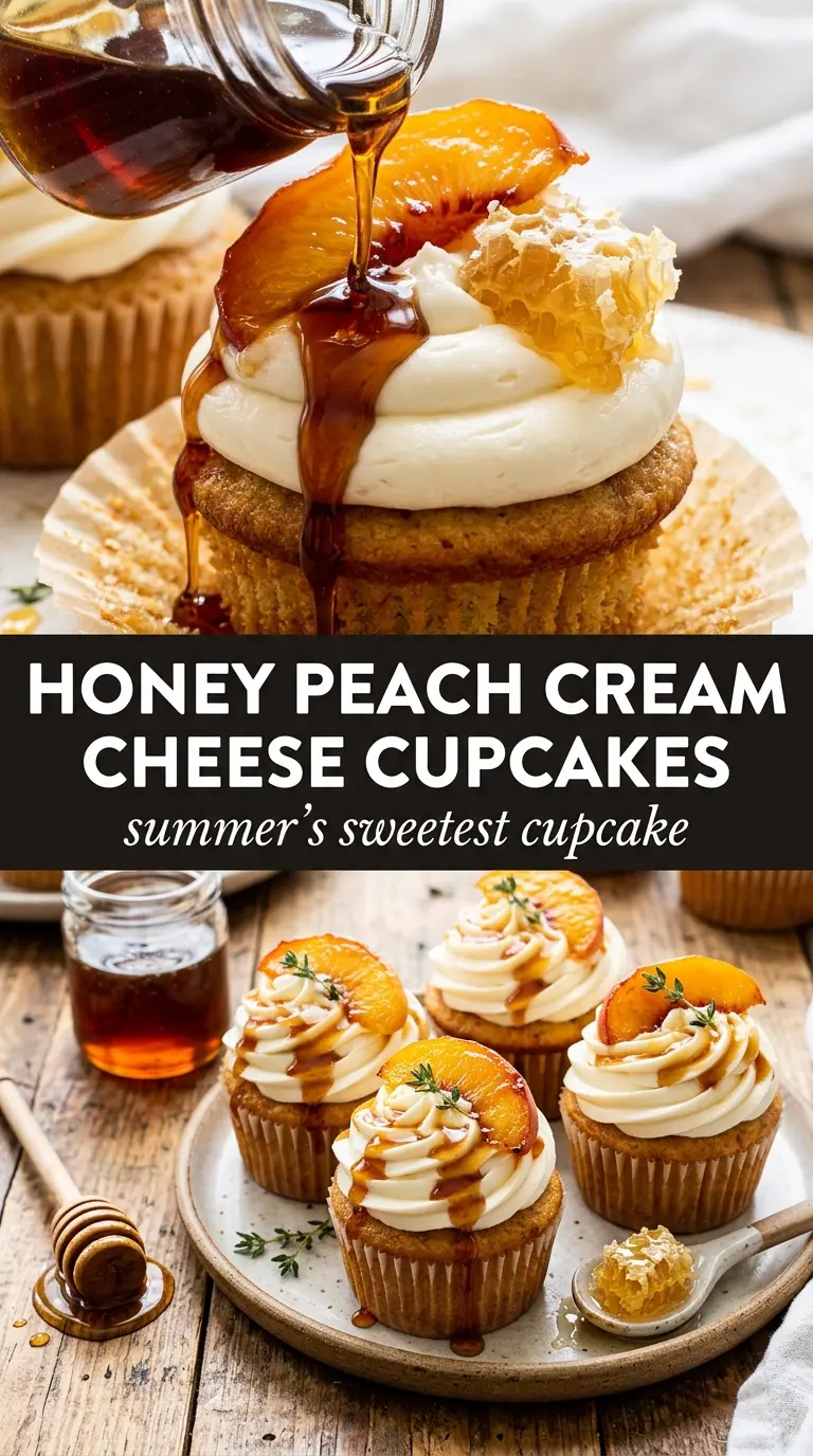 Honey Peach Cream Cheese Cupcakes fluffy peach-studded honey drizzle