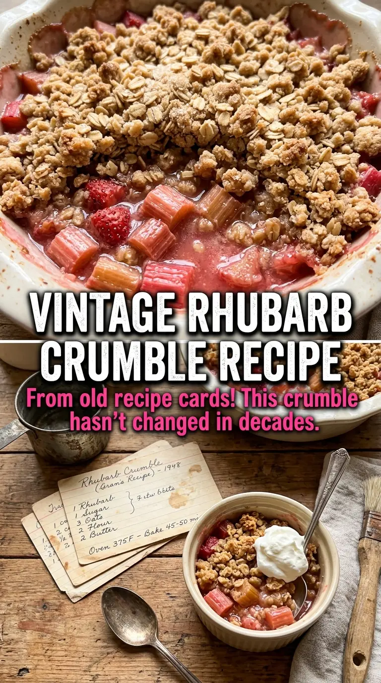 Old-fashioned Rhubarb Crumble, tart, buttery, rustic