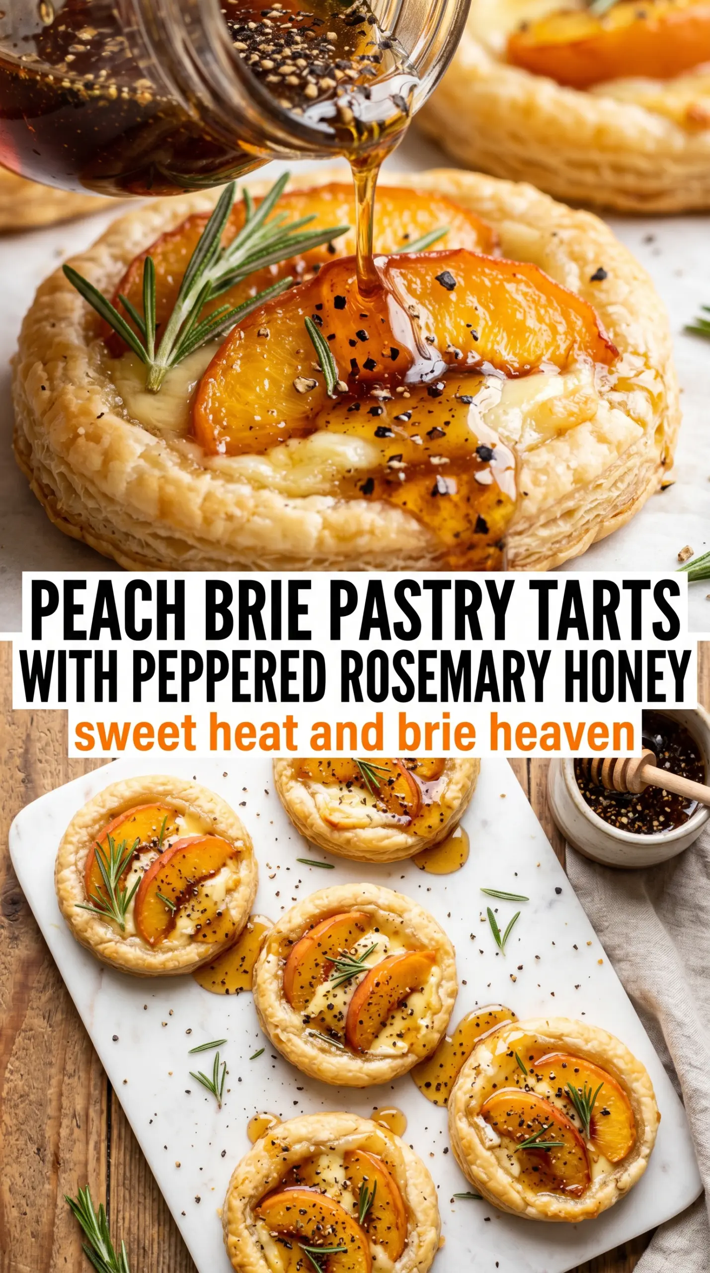 Peach Brie Pastry Tarts with Peppered Rosemary Honey, golden pastry, melted brie, fresh peaches