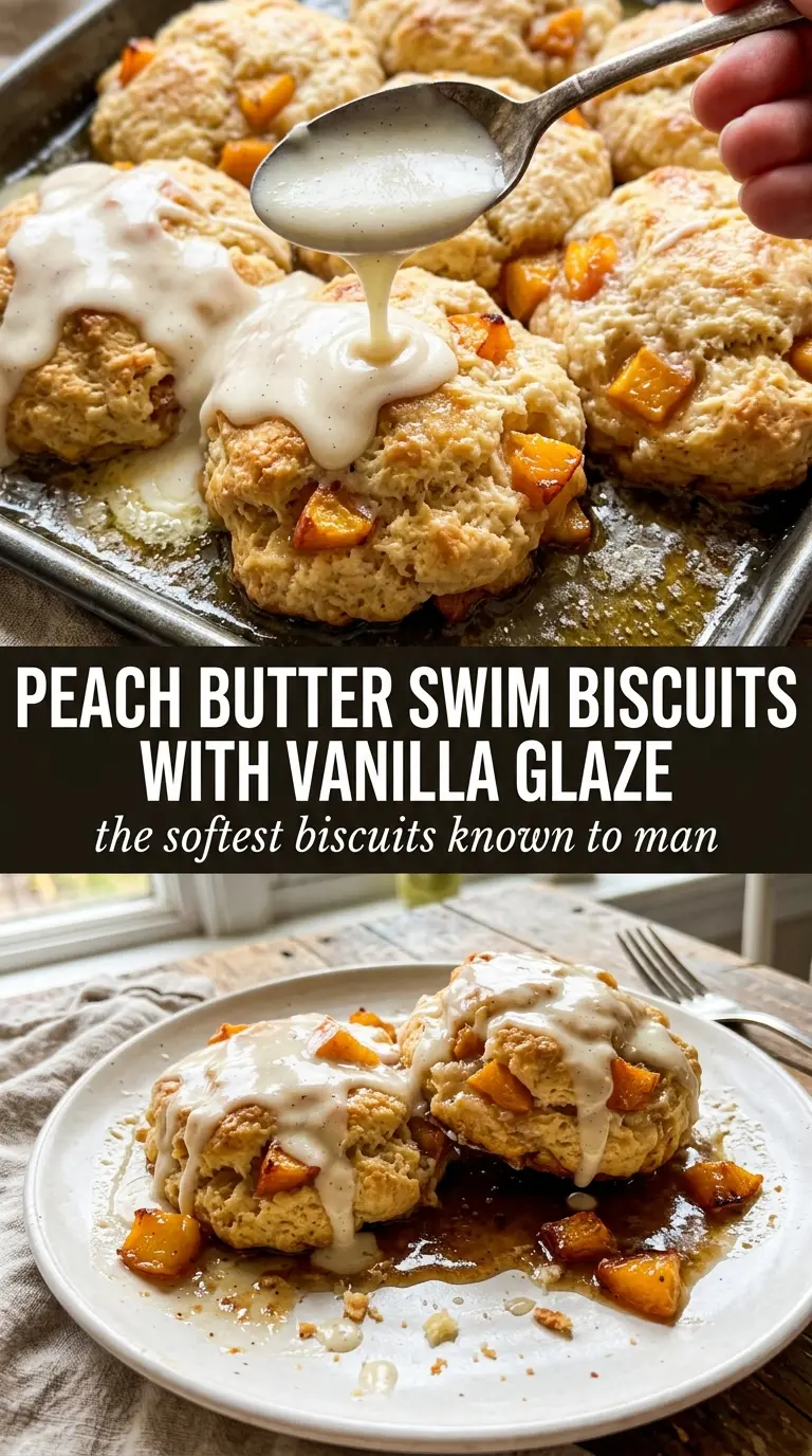 Peach Butter Swim Biscuits with Vanilla Glaze, golden fluffy glazed