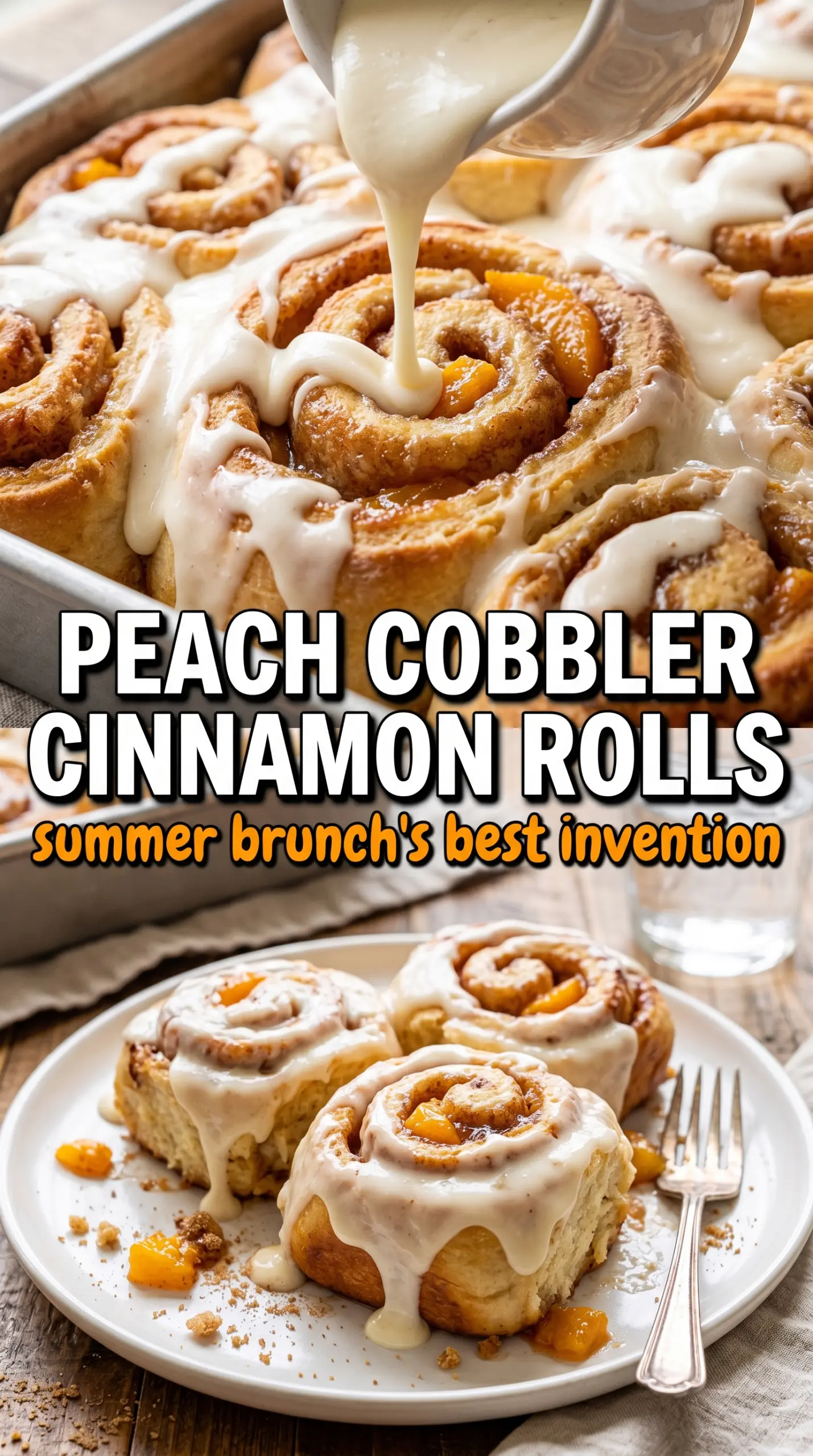 Peach Cobbler Cinnamon Rolls, peach glaze, swirled rolls