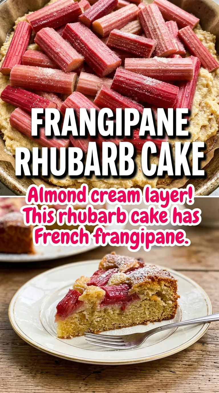 Rhubarb-Almond Cake with pink rhubarb, nutty crumb, golden almonds