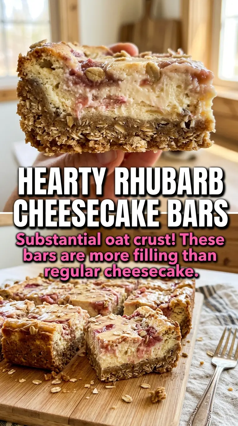Rhubarb cheesecake bars with oatmeal crust creamy swirled