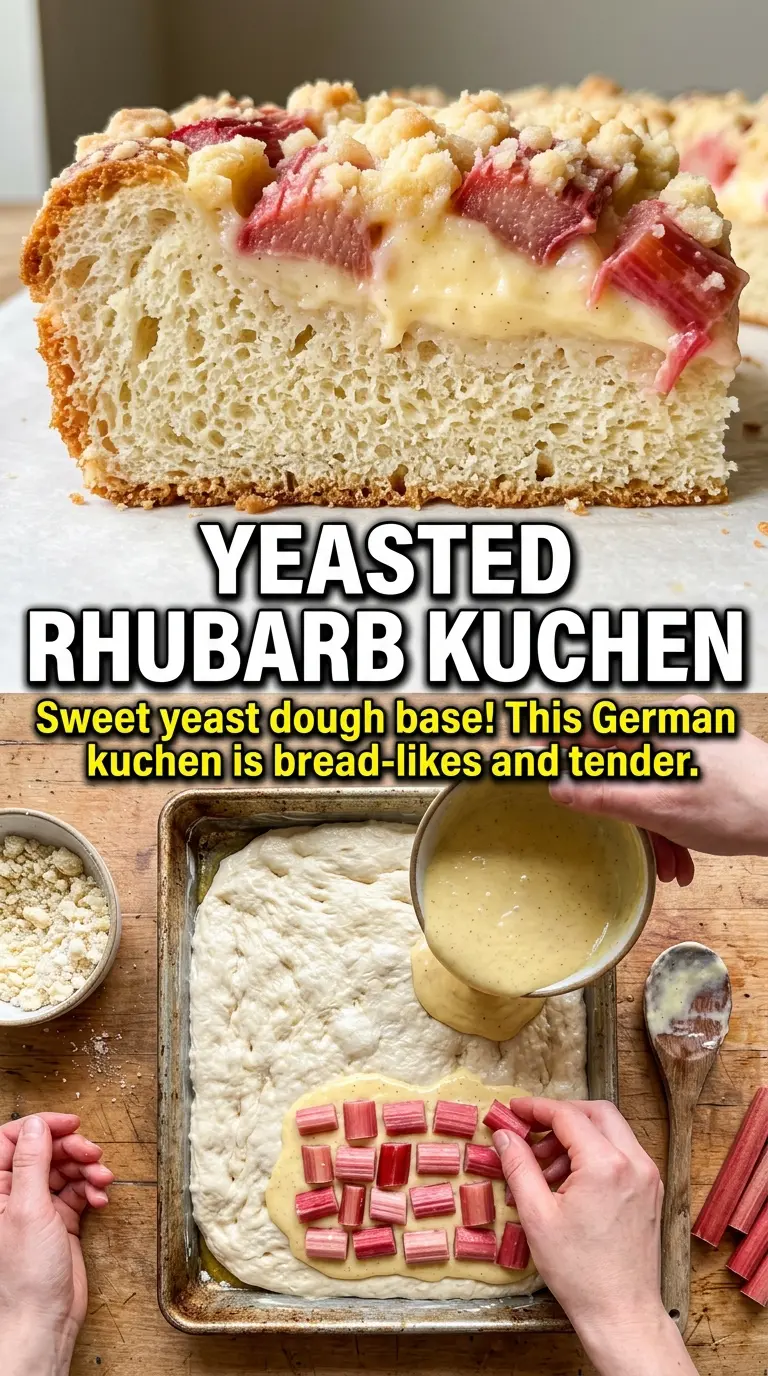 Rhubarb Custard Kuchen with creamy custard and golden crust