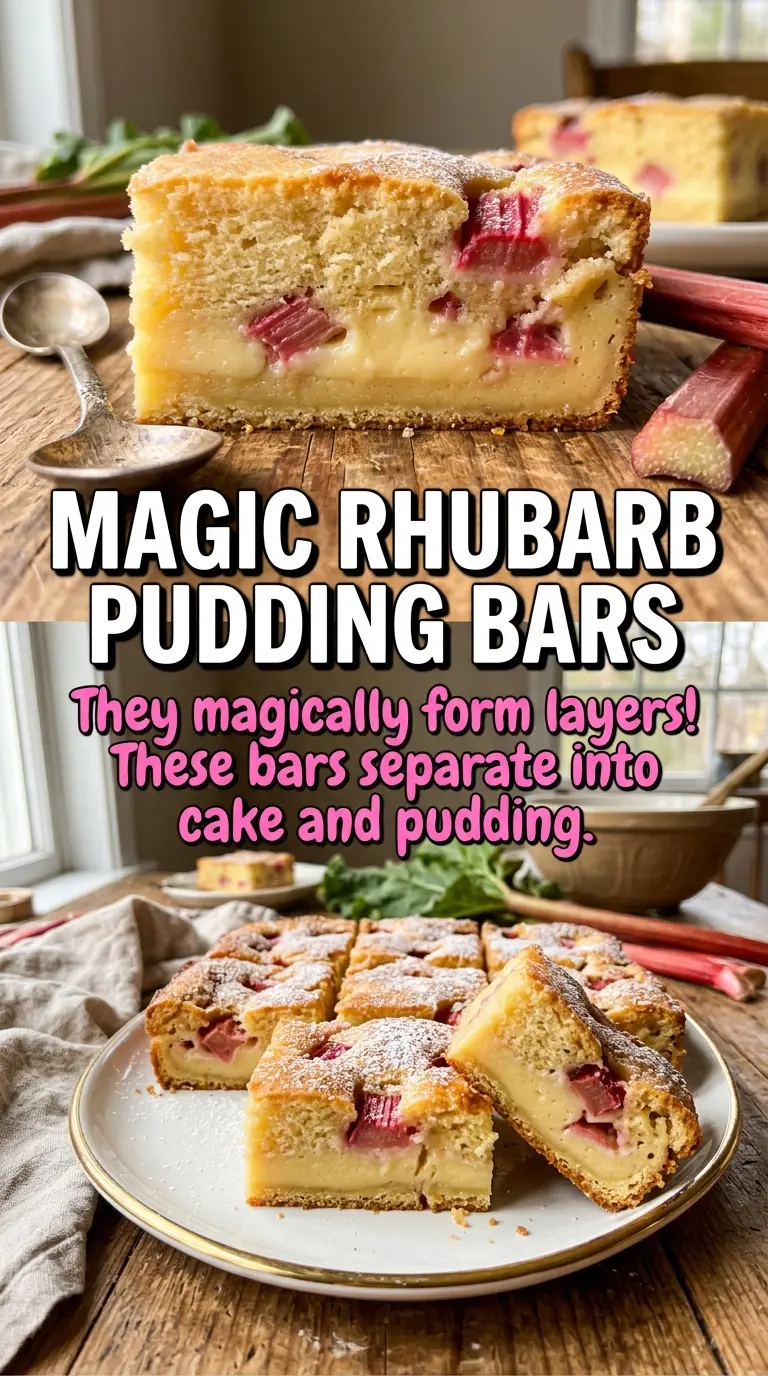 Rhubarb Pudding Bars creamy layered dessert