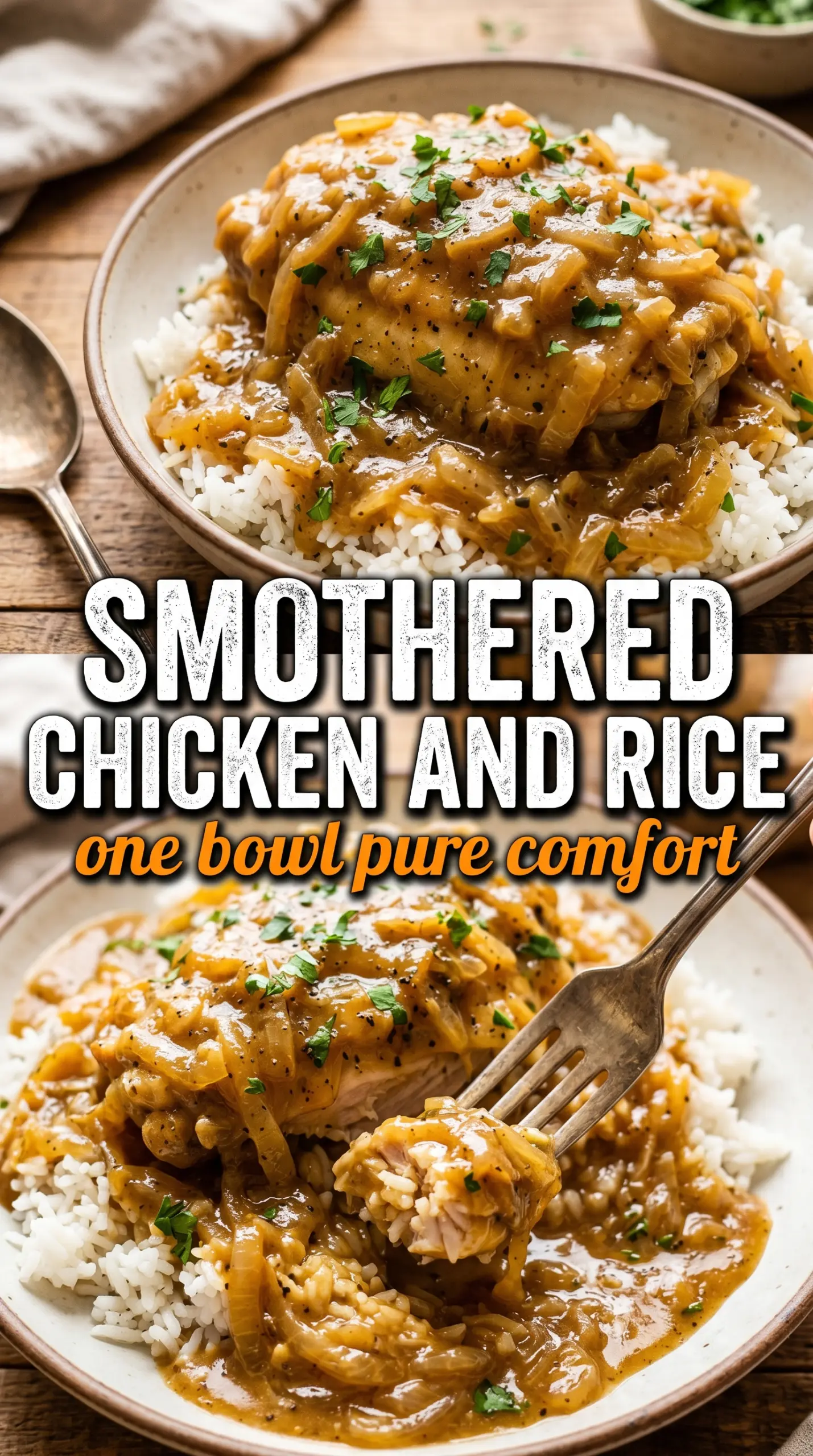 Smothered Chicken and Rice creamy onion gravy, tender chicken, fluffy rice