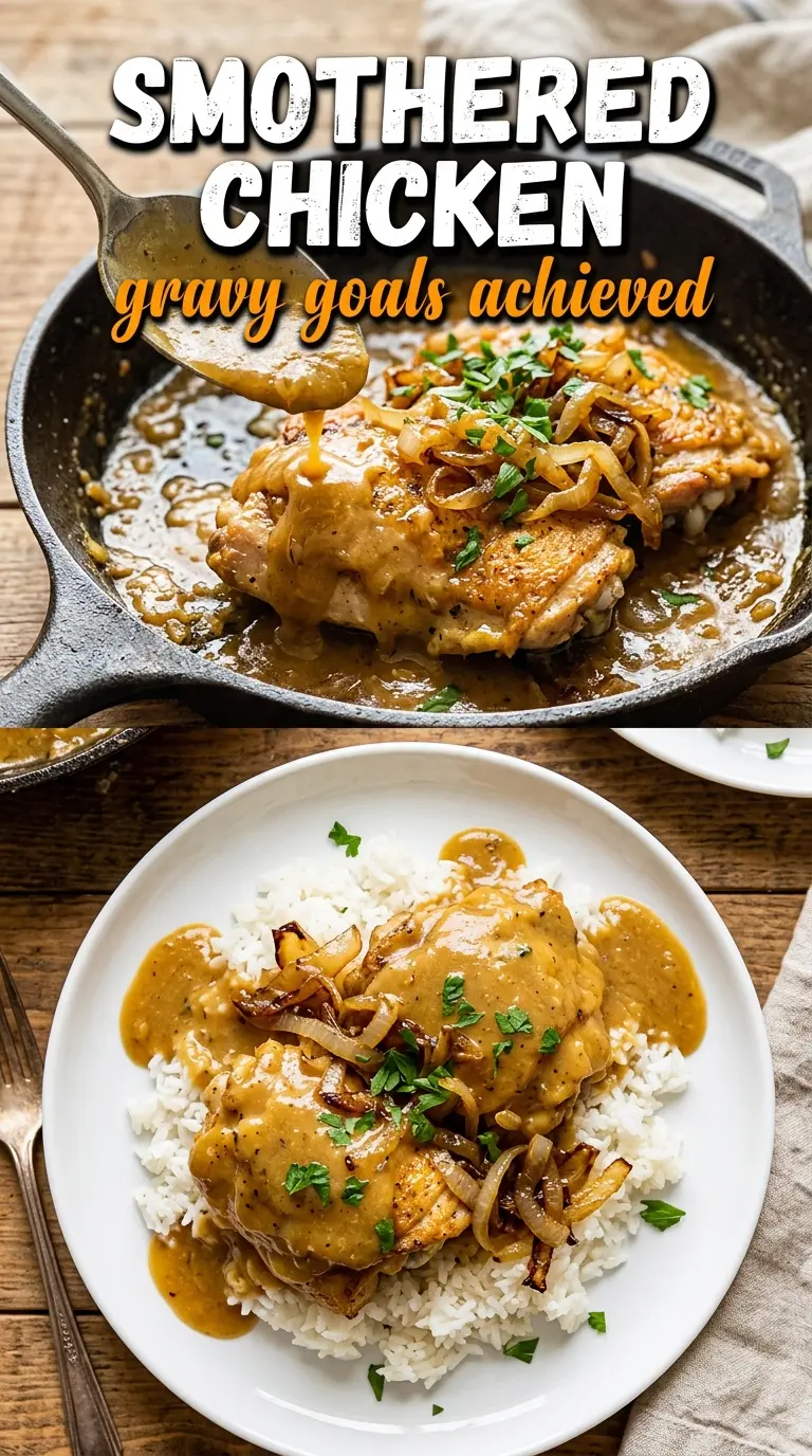Smothered Chicken, onion gravy, skillet comfort