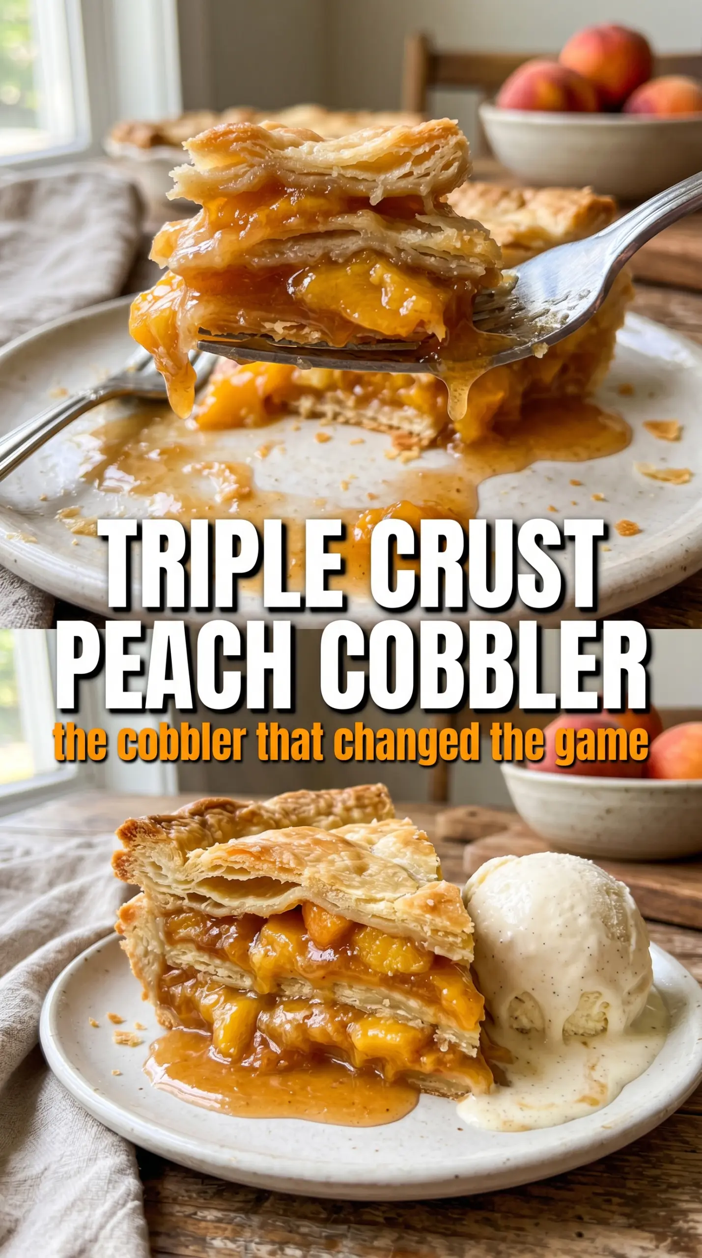 Triple Crust Peach Cobbler flaky layers syrupy peaches