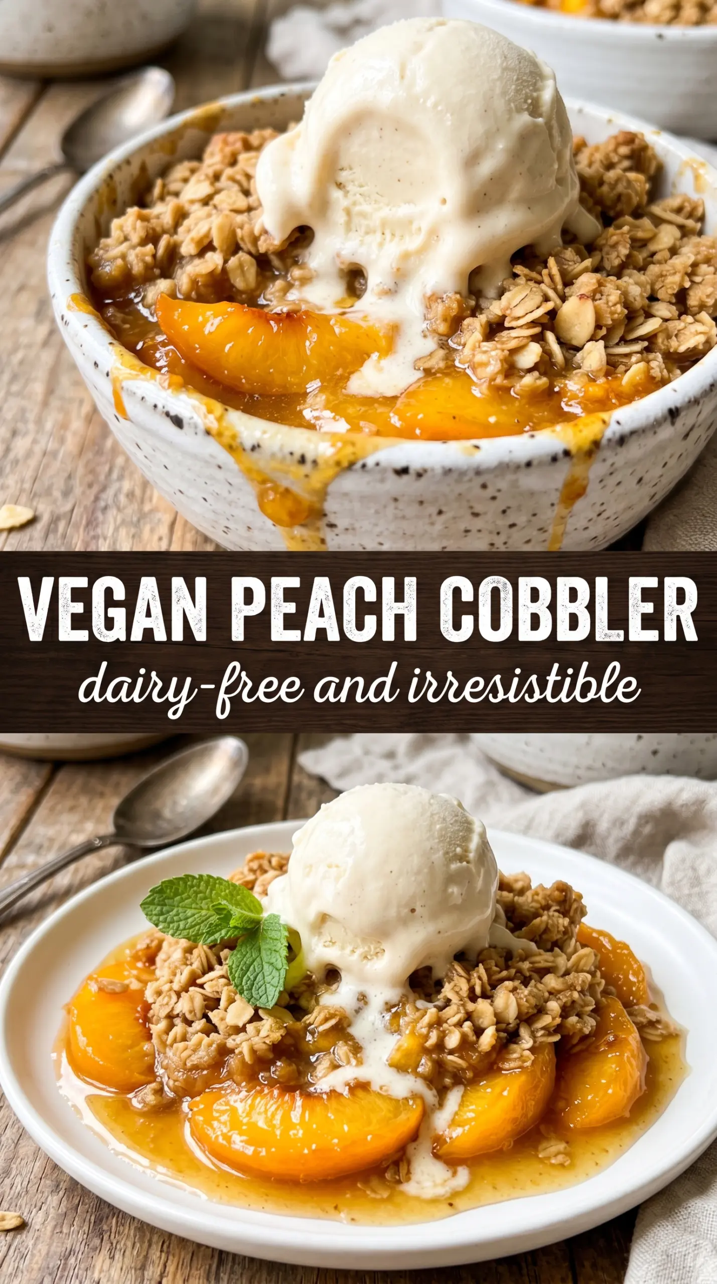 Warm peach cobbler with topping