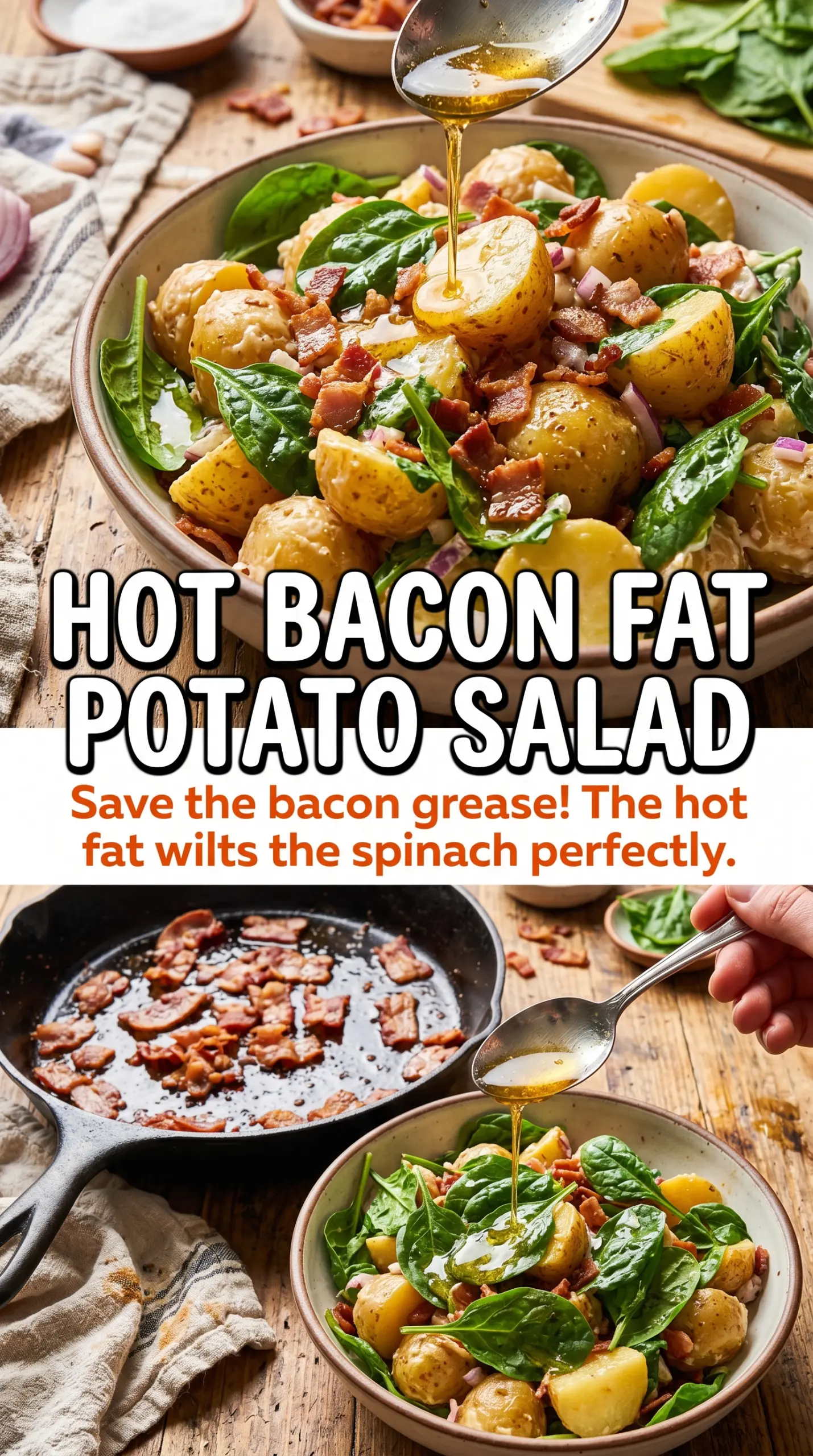 Warm Spinach Potato Salad with Bacon Vinaigrette warm potatoes wilted spinach crispy bacon