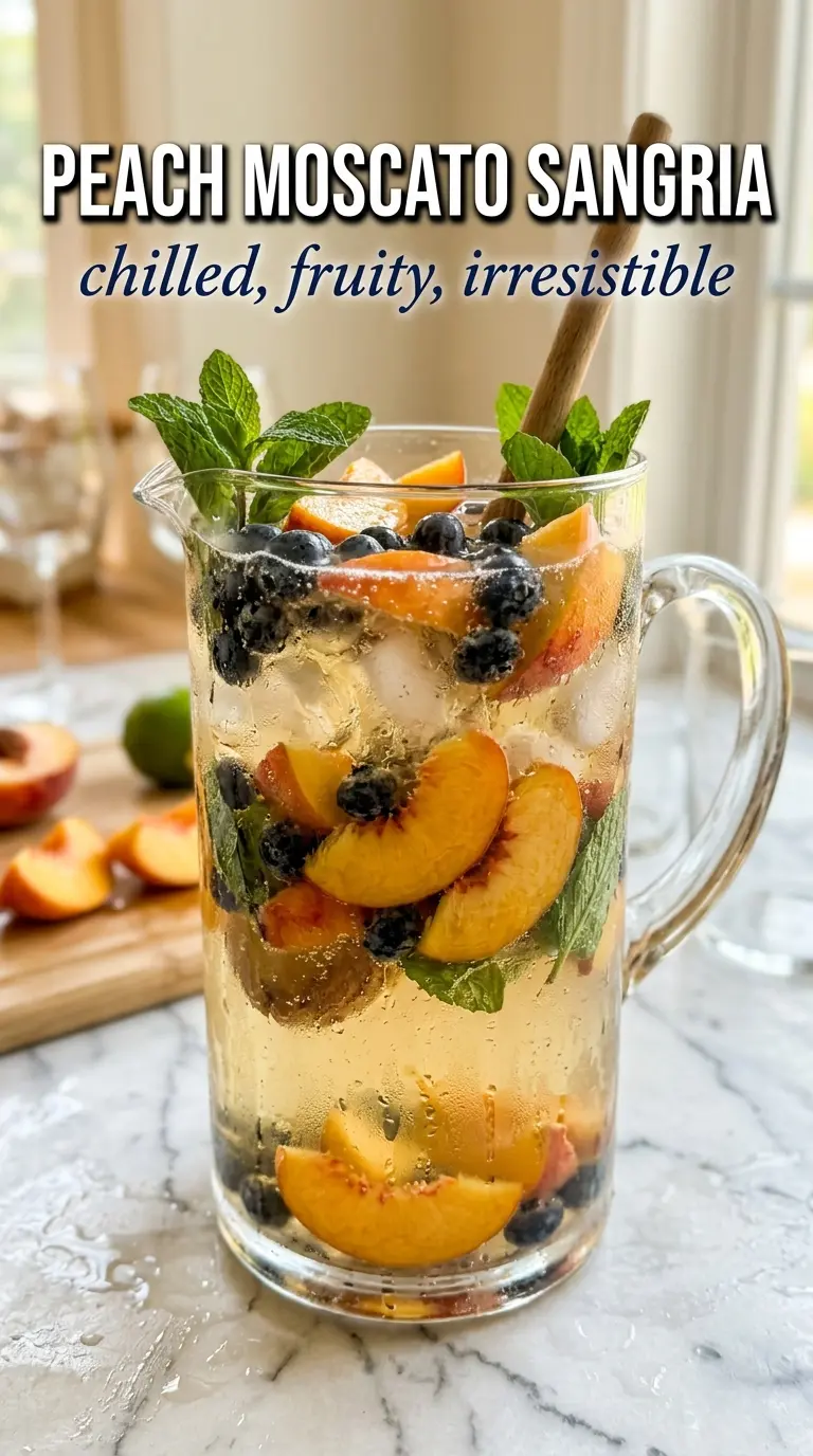Chilled Peach Moscato Sangria with peaches raspberries and mint