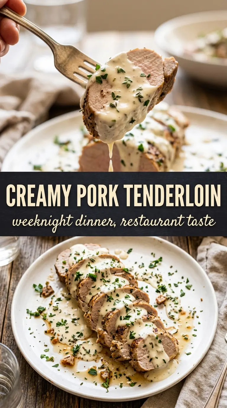 Creamy Pork Tenderloin with mushrooms, herb-flecked sauce