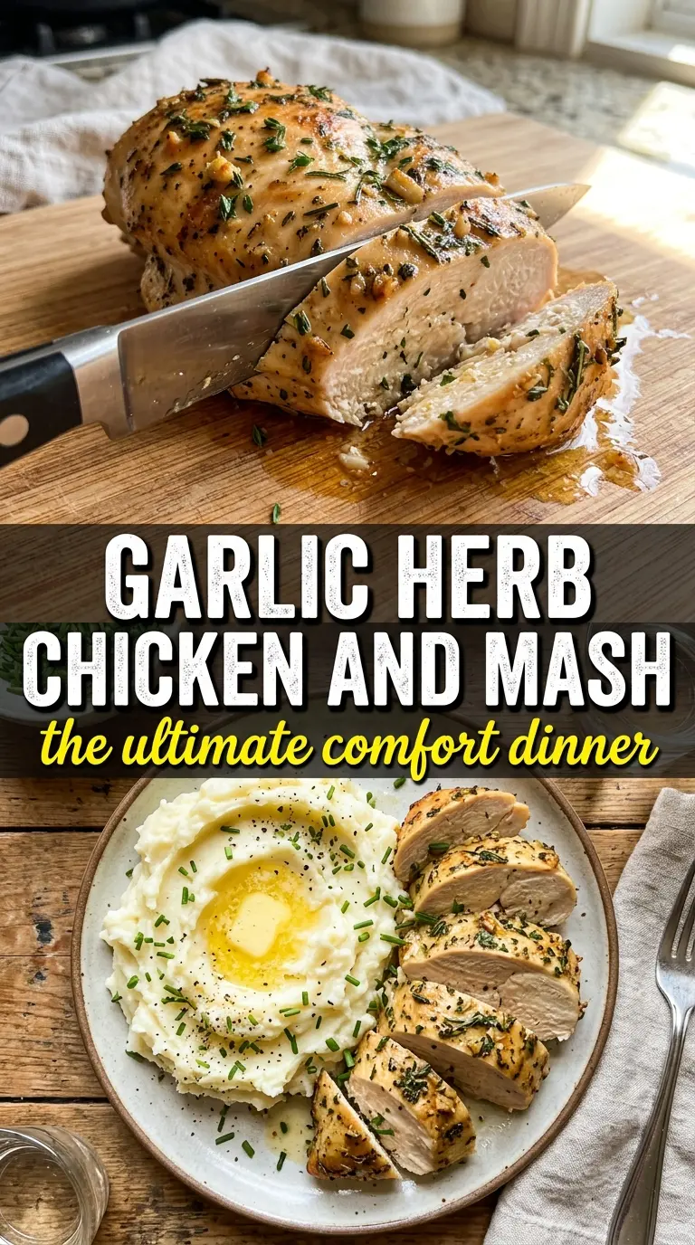 Garlic herb chicken breast with mashed potatoes, creamy, savory, comforting