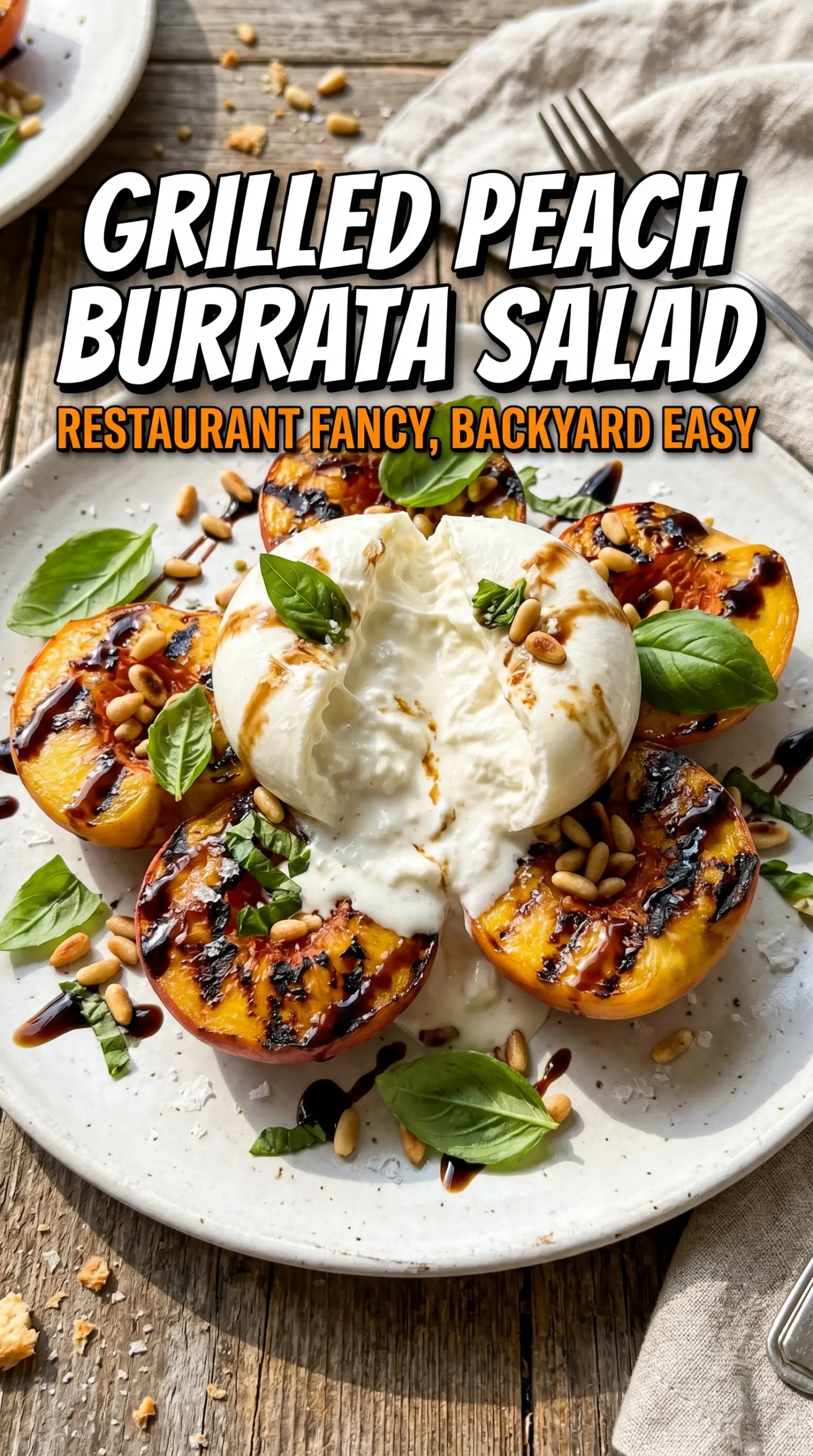 Grilled peach and burrata salad with honey, pistachios, and basil