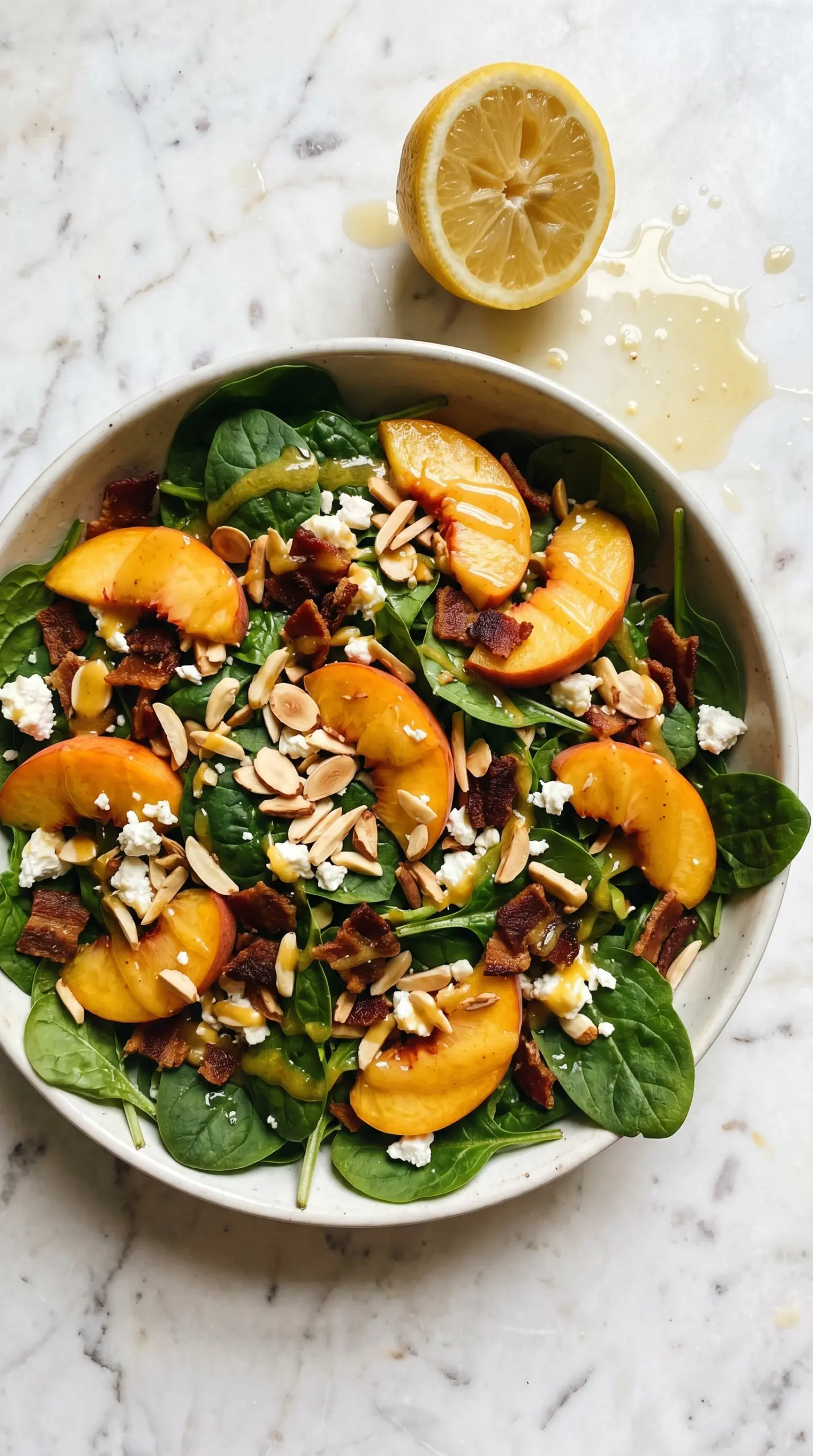 Honey Lemon Peach Bacon Salad juicy peaches crispy bacon warm dressing