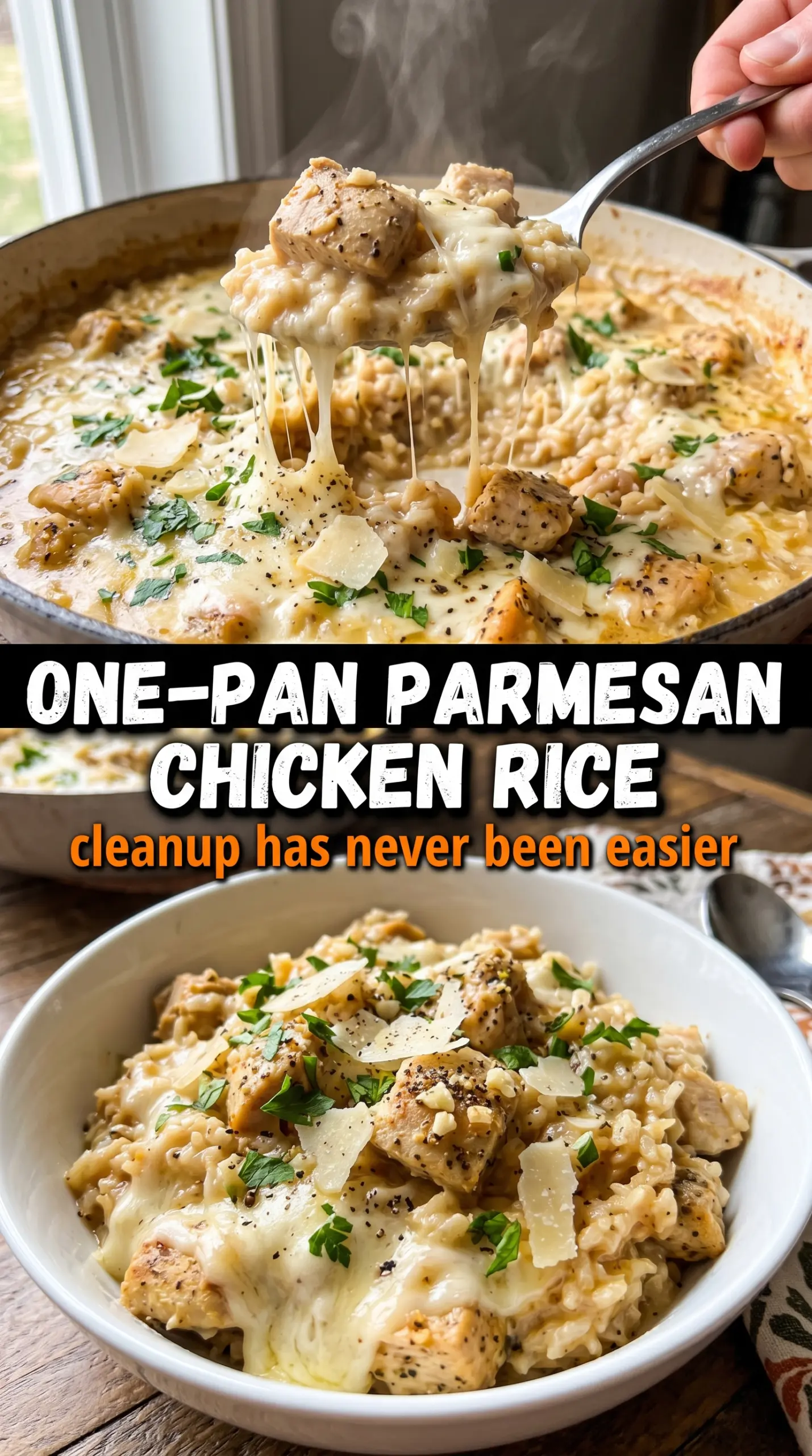 One-Pan Garlic Parmesan Chicken and Rice with crispy chicken and creamy rice