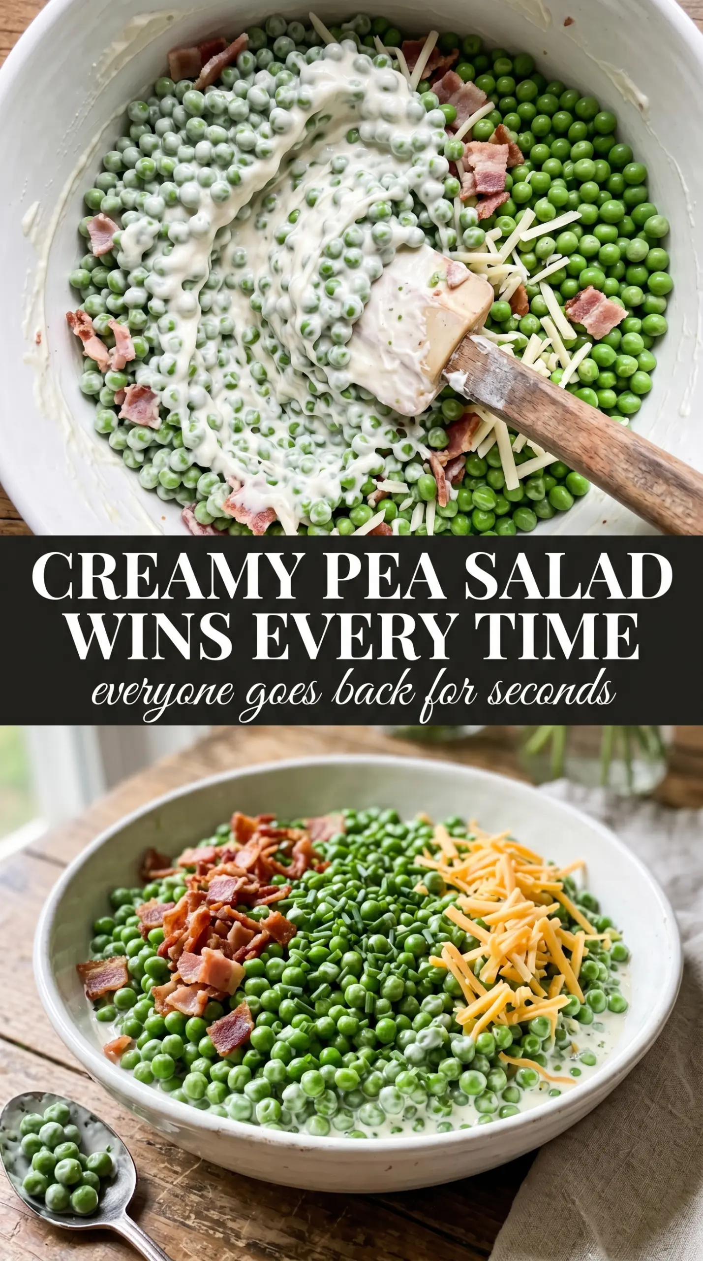 Creamy pea salad with bacon and cheddar, bright and tangy