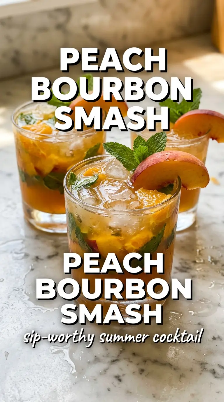 Peach Bourbon Smash Cocktail golden peachy mint