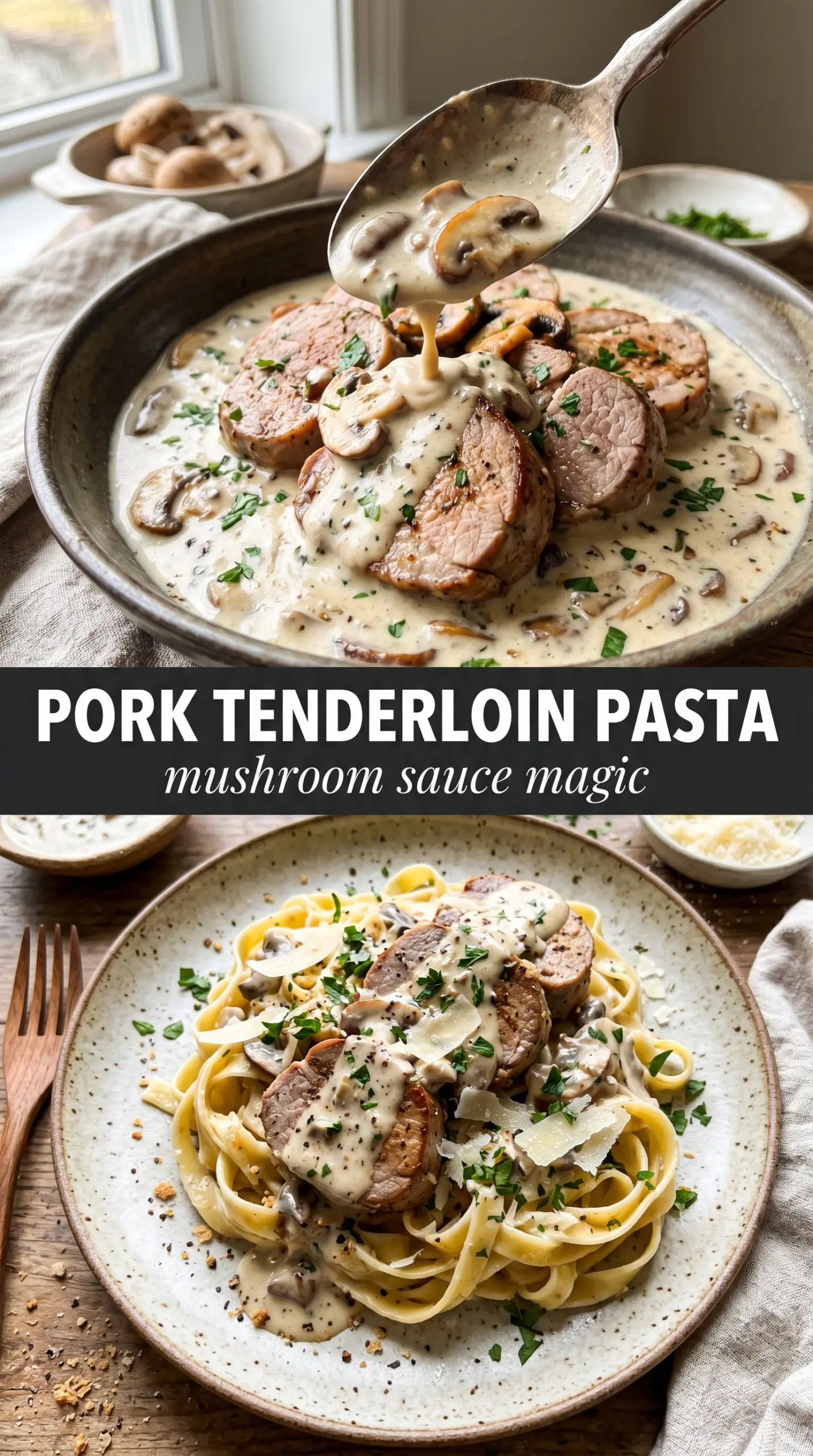 Pork Tenderloin in Creamy Mushroom Sauce with Pasta creamy mushroom, parmesan, pappardelle