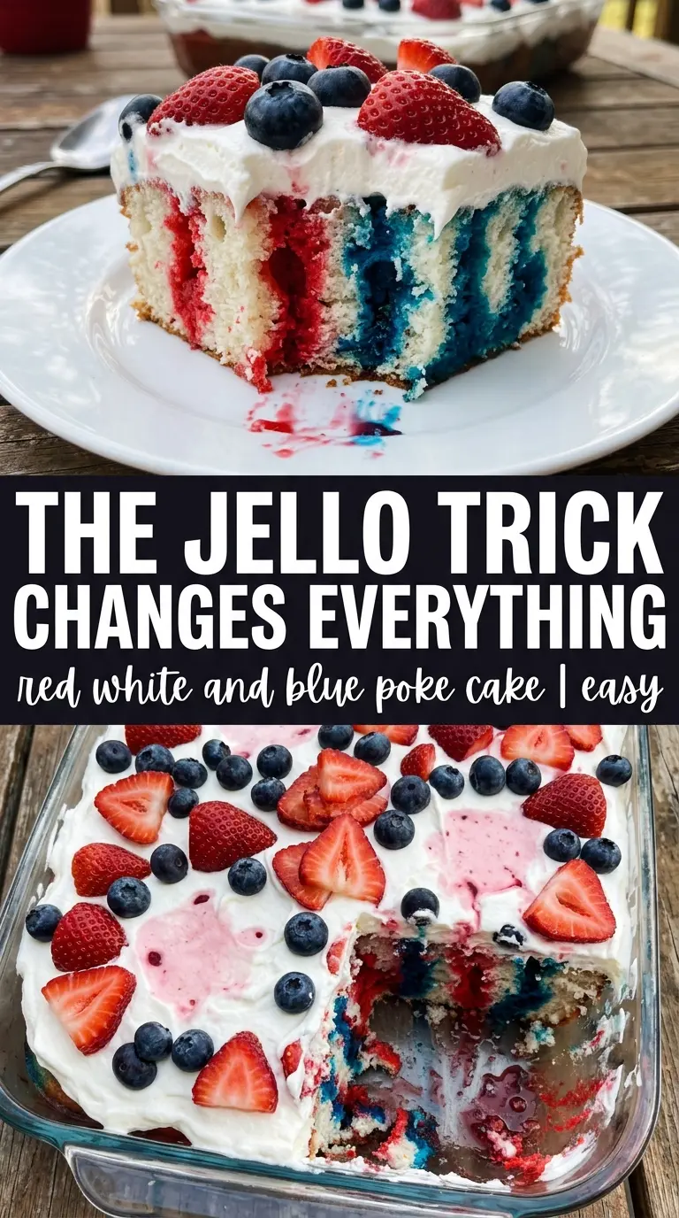 Red, White and Blue Poke Cake with colorful Jell-O stripes